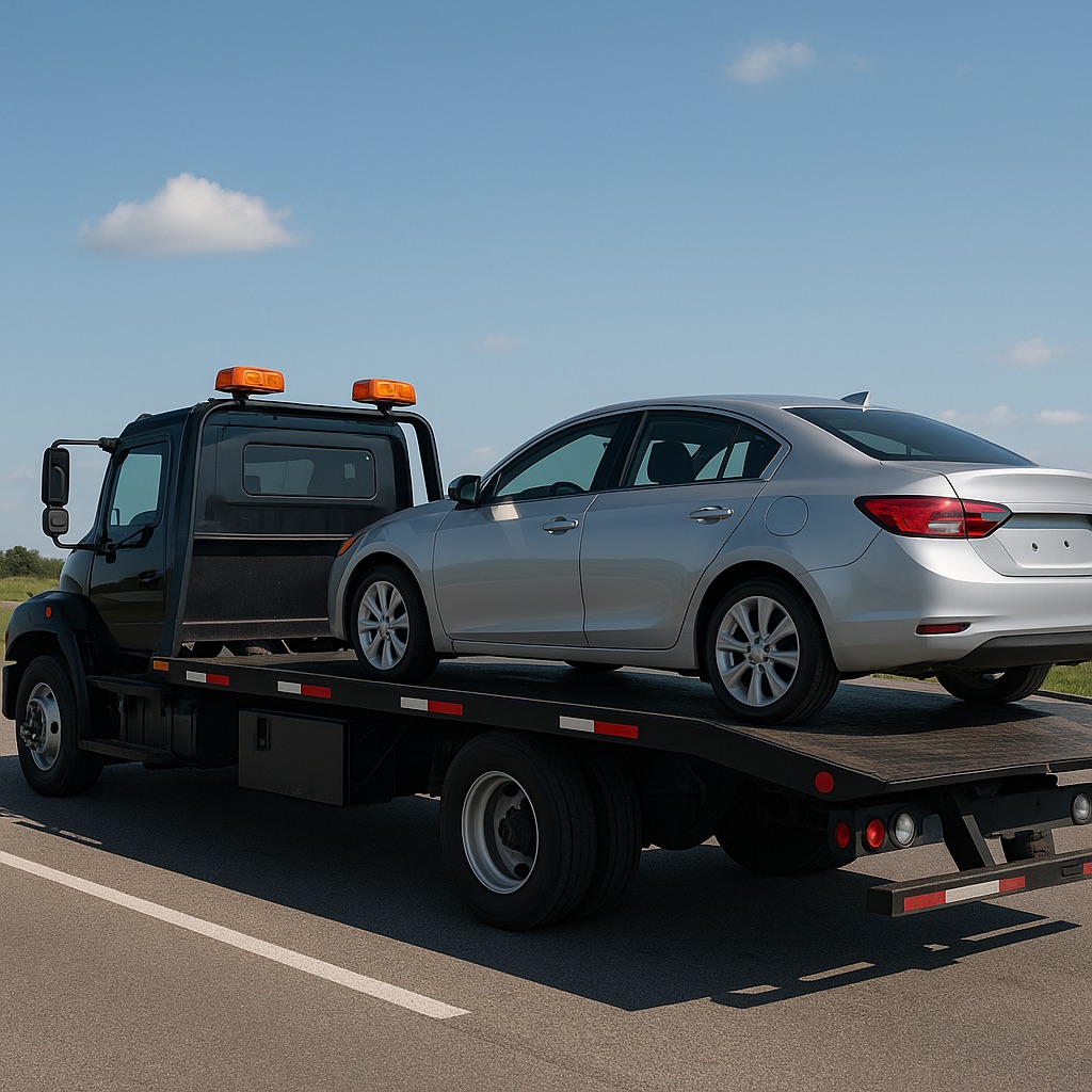Flatbed tow truck loading a vehicle